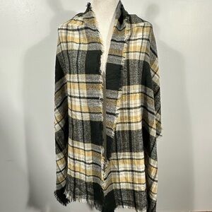 Black Tan Gray Plaid Fringe Wrap